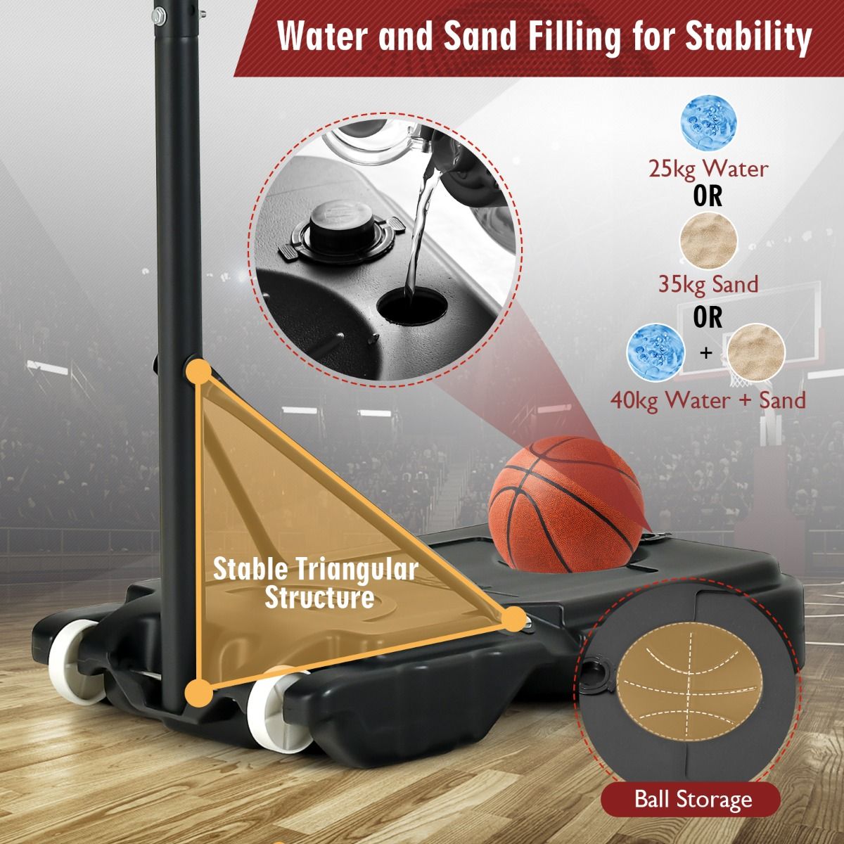 132-251cm Weather-resistance Kids Basketball Hoop with Ball Storage