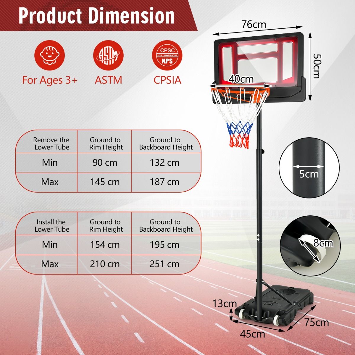 132-251cm Weather-resistance Kids Basketball Hoop with Ball Storage