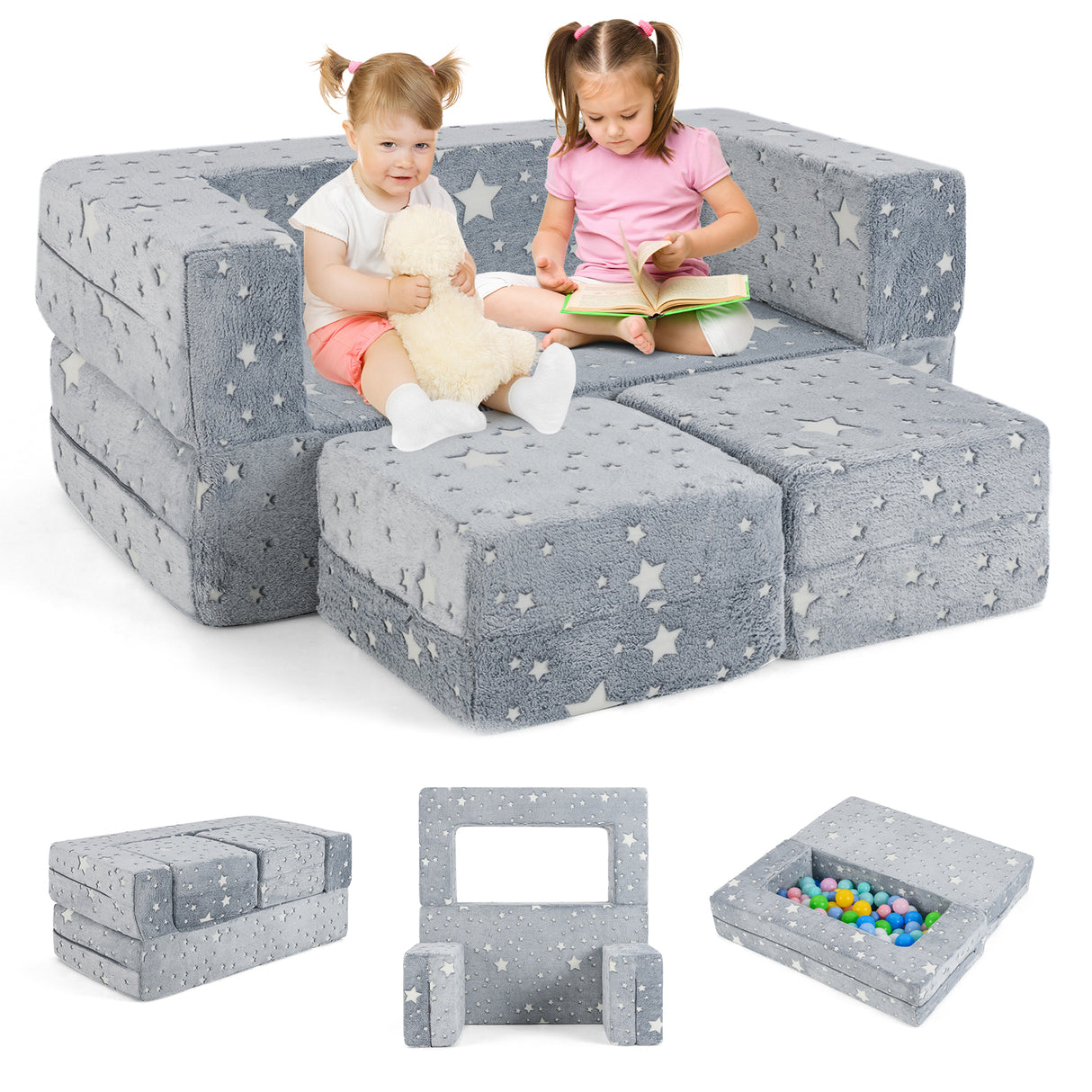 2 Seater Kids Play Couch, Glow in the Dark Modular Sofa Play Set for Toddlers, 3-in-1 Baby Fold out Sofa