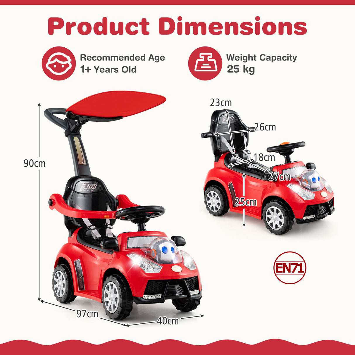 Red toy car with dimensions and product details on a white background