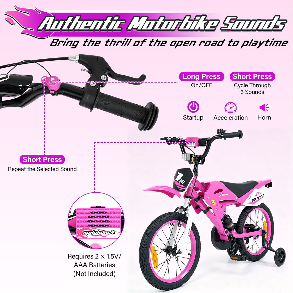 16 Inch Kids Bike Motocross Style with Sound Effects and Light-up Training Wheels