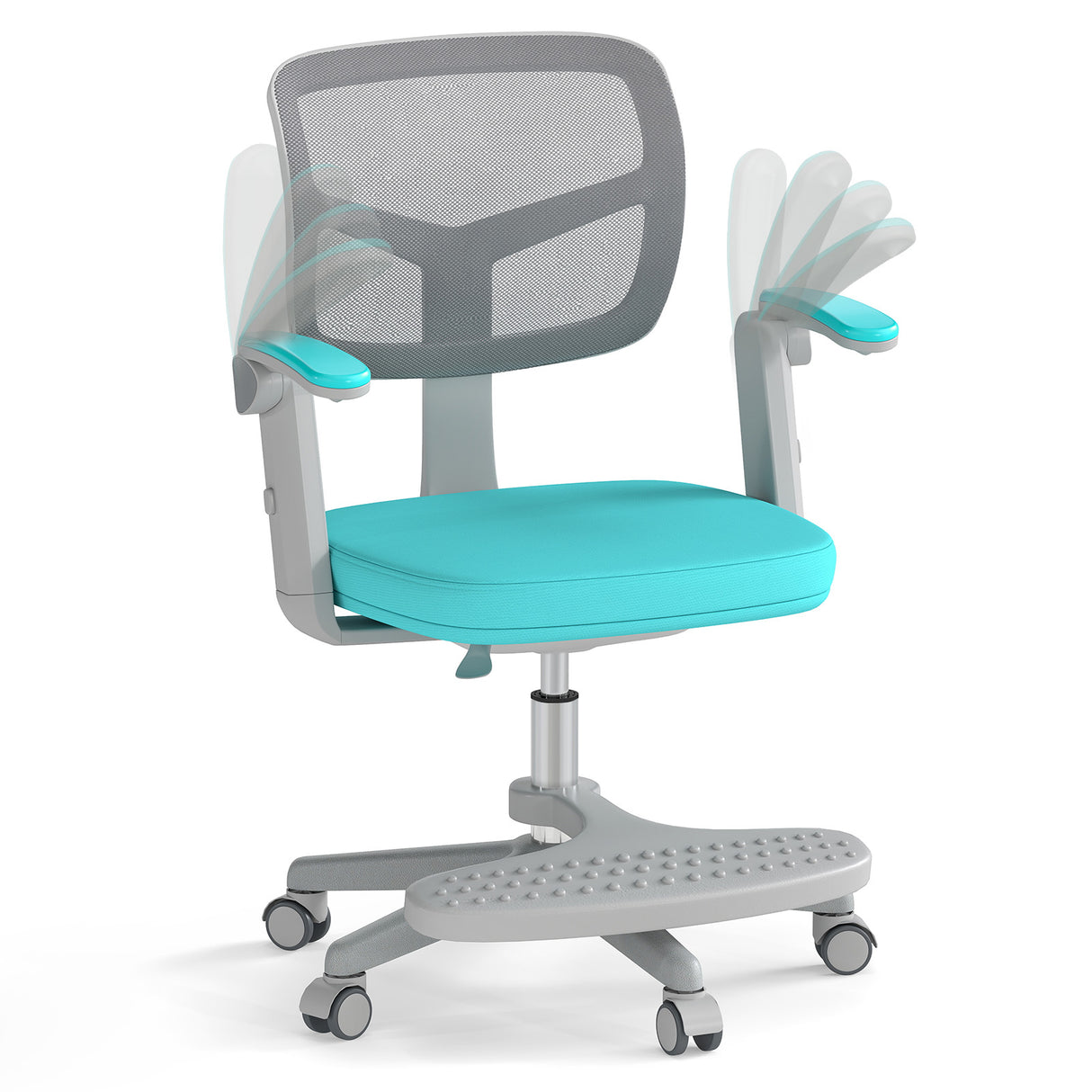 Children's chair with turquoise seat and armrests on a white background
