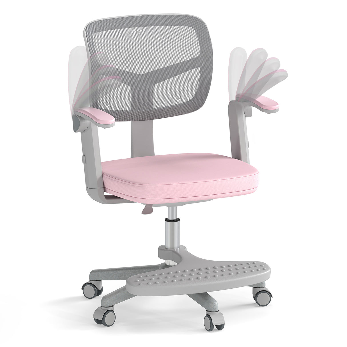 Pink and gray office chair with adjustable armrests on a white background