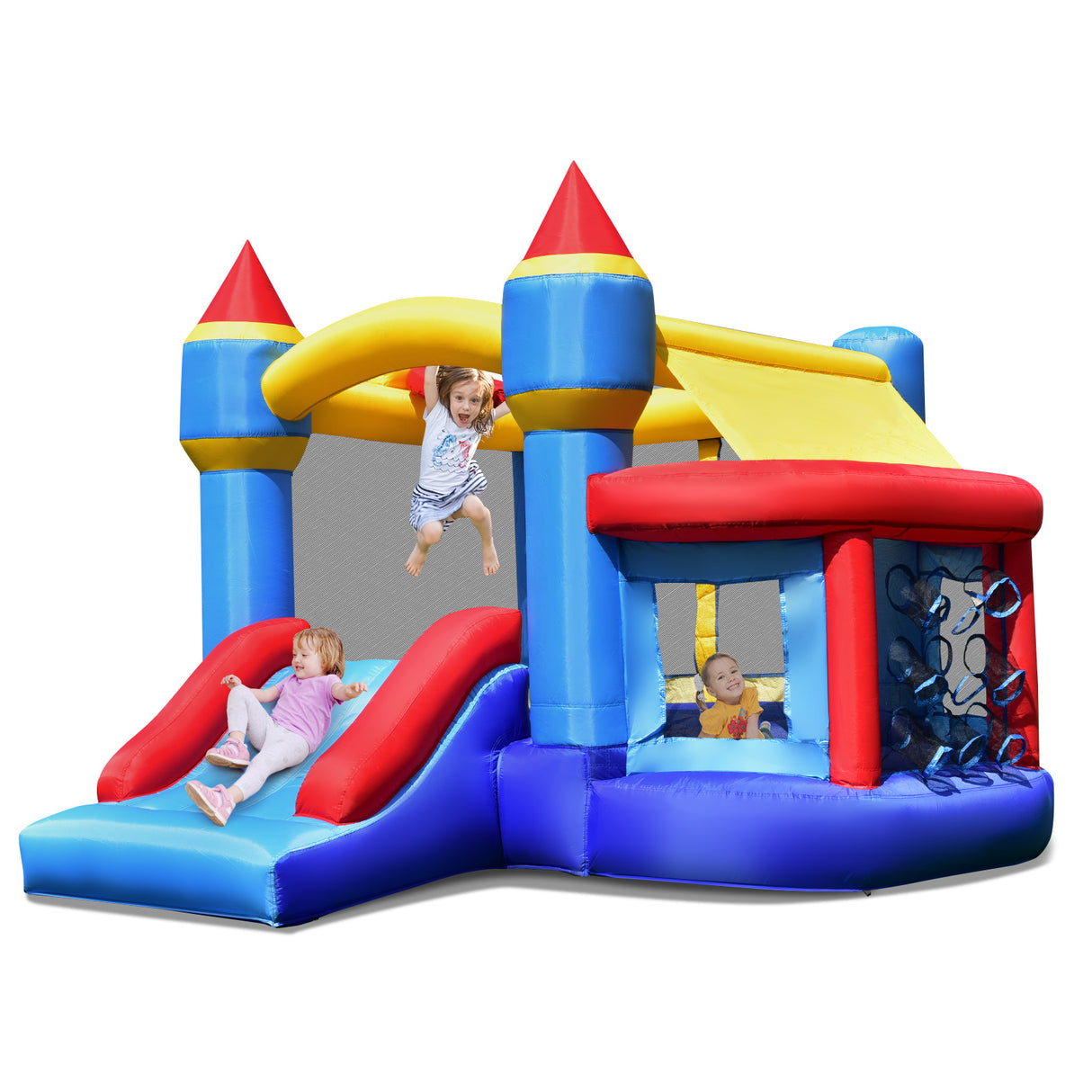 Colorful inflatable castle with slide and bounce area on a white background