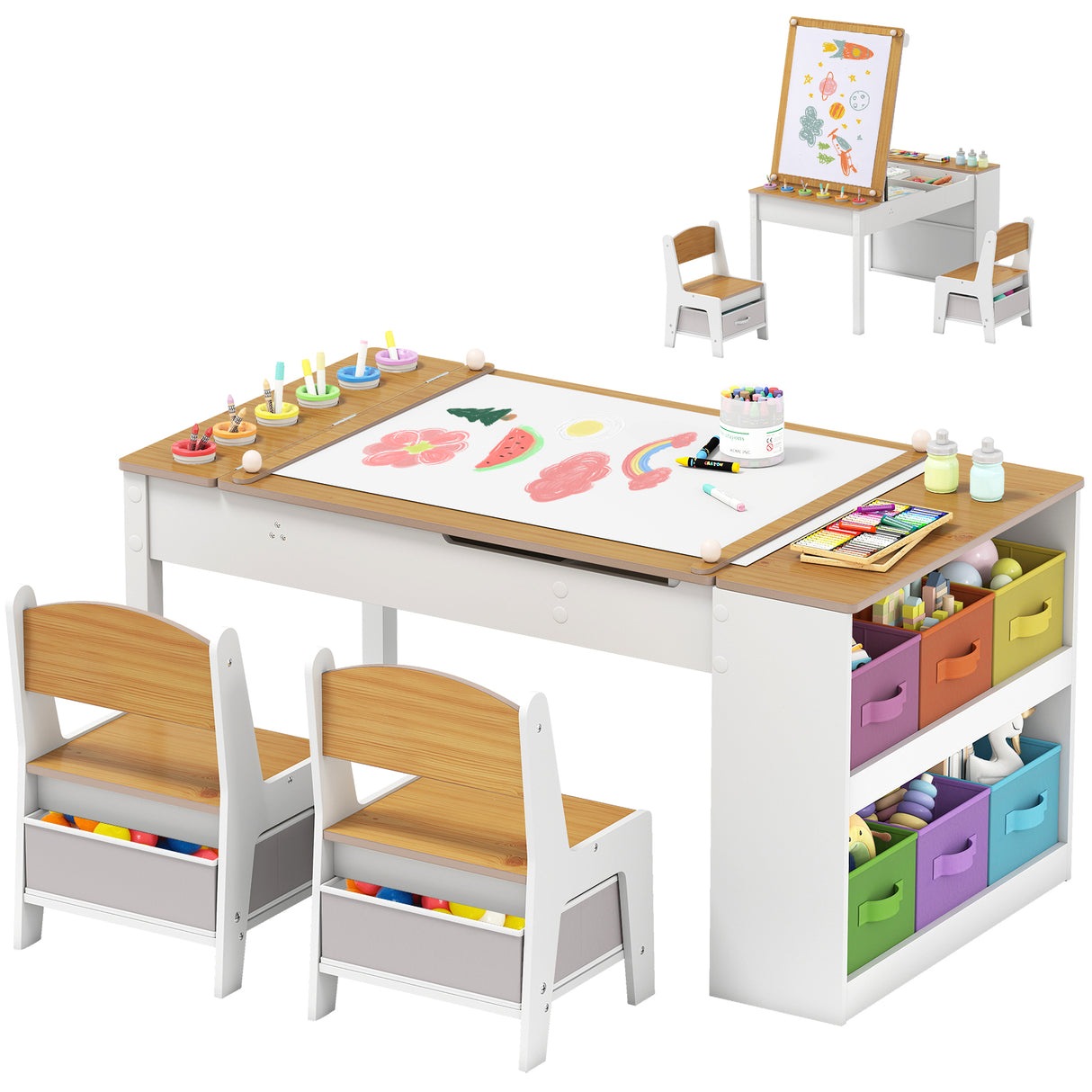 Children's art table with chairs and storage bins on a white background
