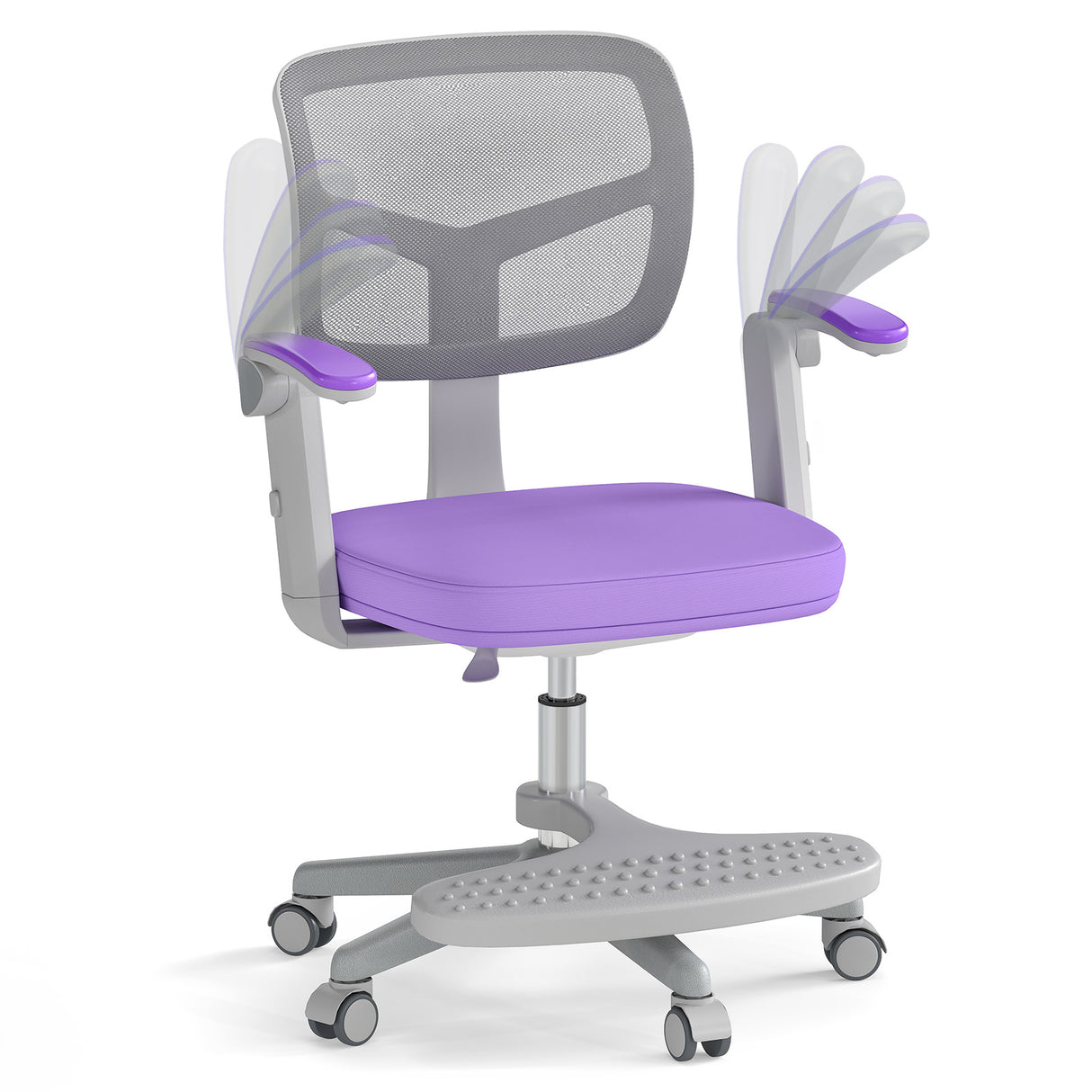 Purple office chair with gray mesh backrest on a white background