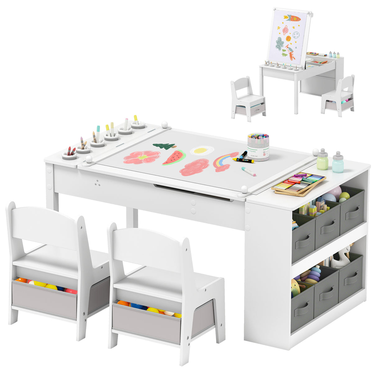 Children's art table with chairs, storage bins, and art supplies on a white background