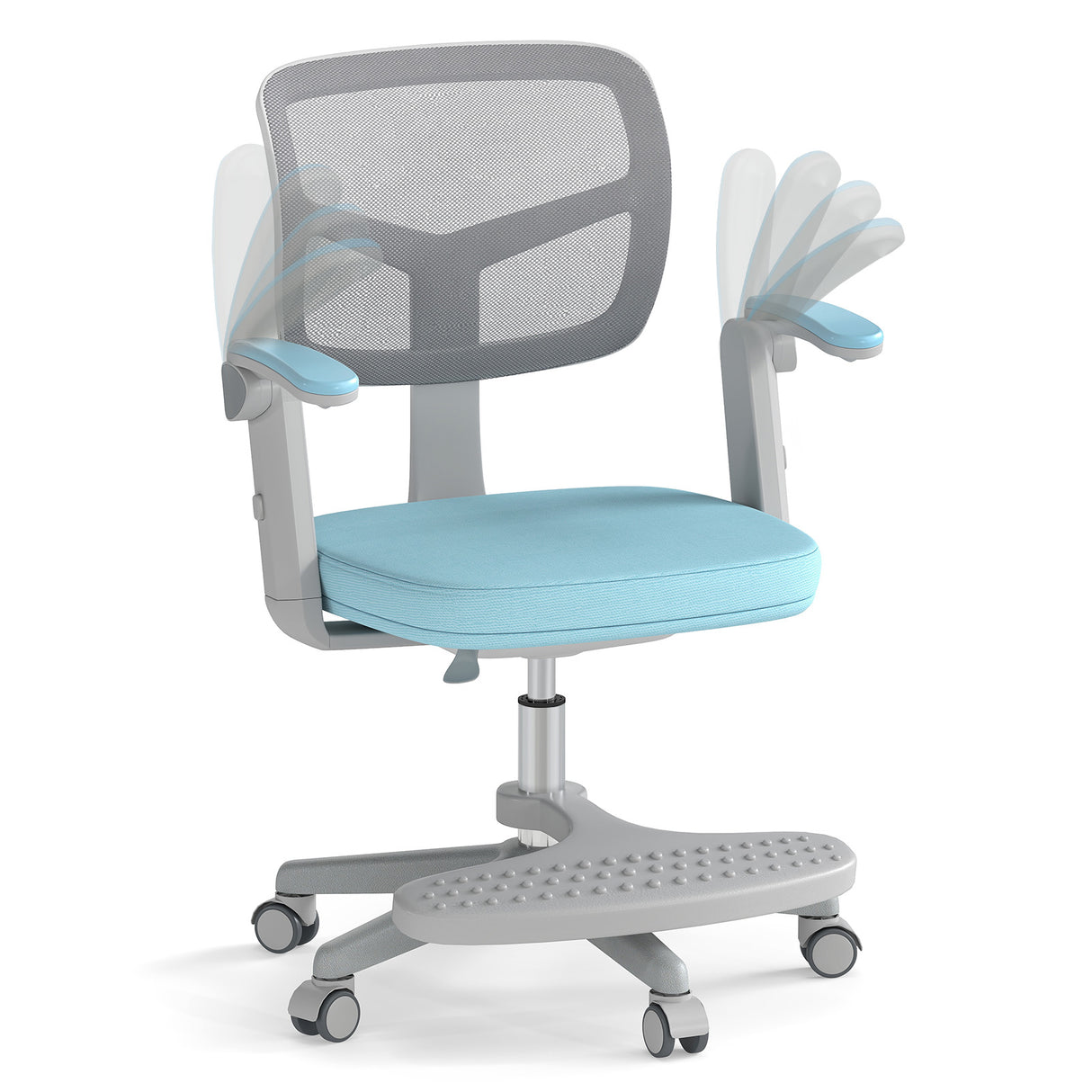 Children's desk chair with blue seat and gray mesh back on a white background