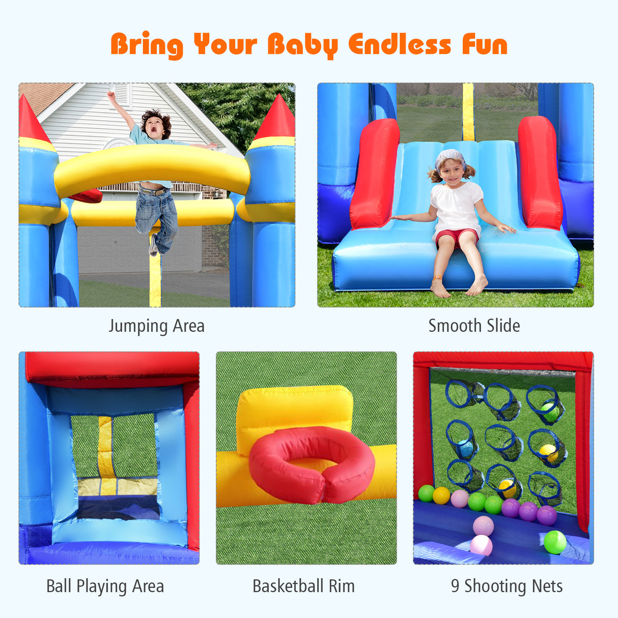 Inflatable playground with various features for children, including a jumping area, smooth slide, ball playing area, basketball rim, and shooting nets.