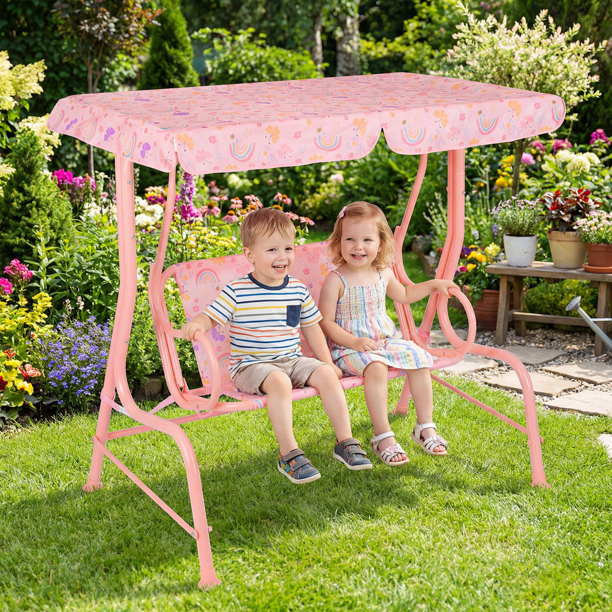 2-Seater Kids Porch Swing with Adjustable Canopy for Backyard and Garden