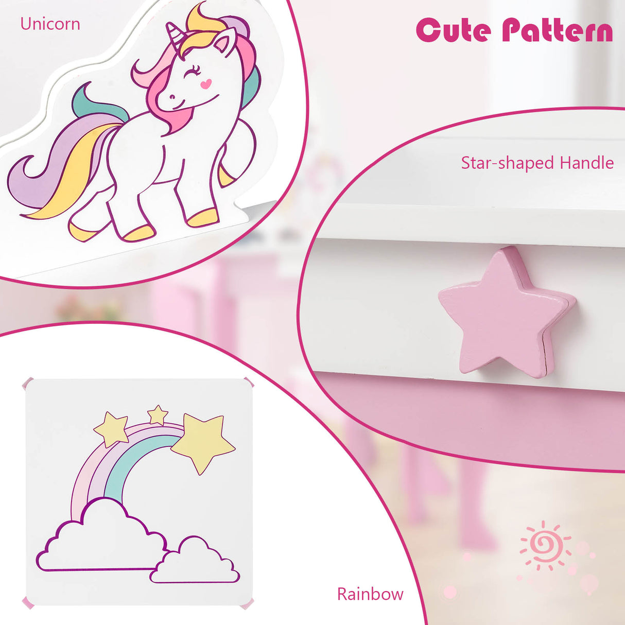 HONEY JOY Kids Vanity Set with Mirror, 2 in 1 Wooden Princess Makeup Dressing Table, TOP 50 Bonus Trinkets Set