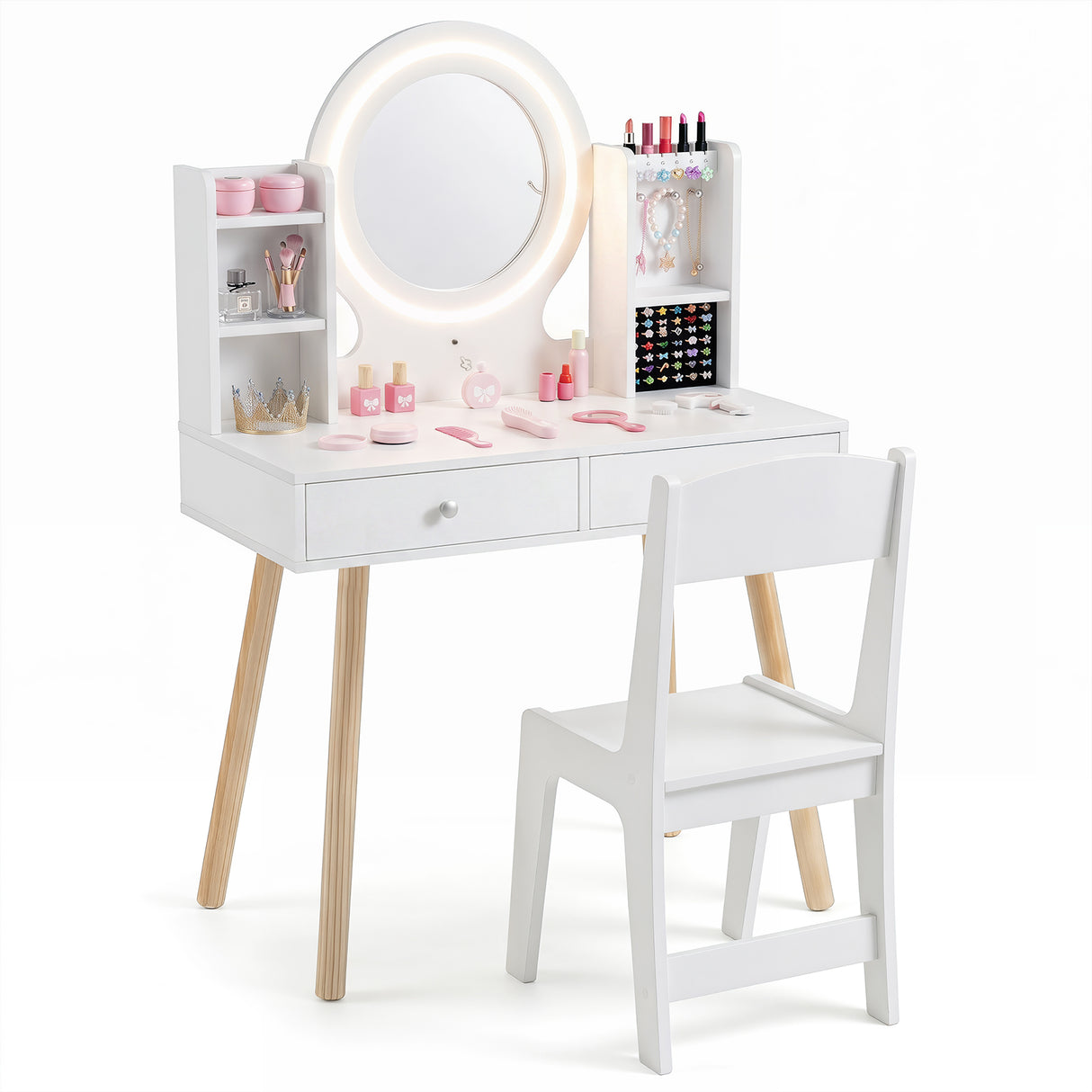Kids Vanity Set with Lights, Princess Vanity Desk Set with LED Lighted Mirror
