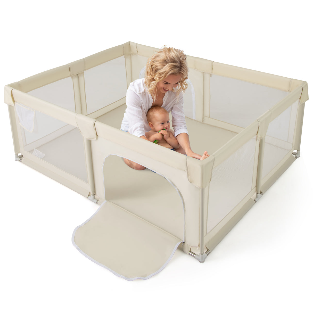 A large baby playpen with mesh walls and a stainless steel frame, featuring an adult and a baby inside, set on a white background.