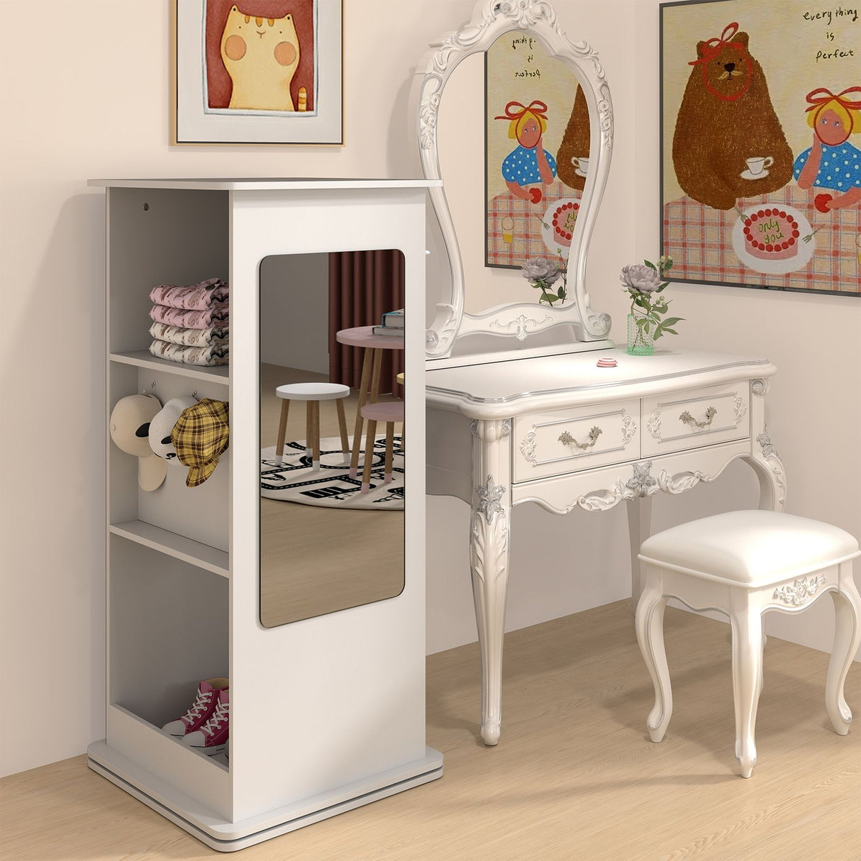 360° Spinning Corner Bookcase with Chalkboard and Mirror