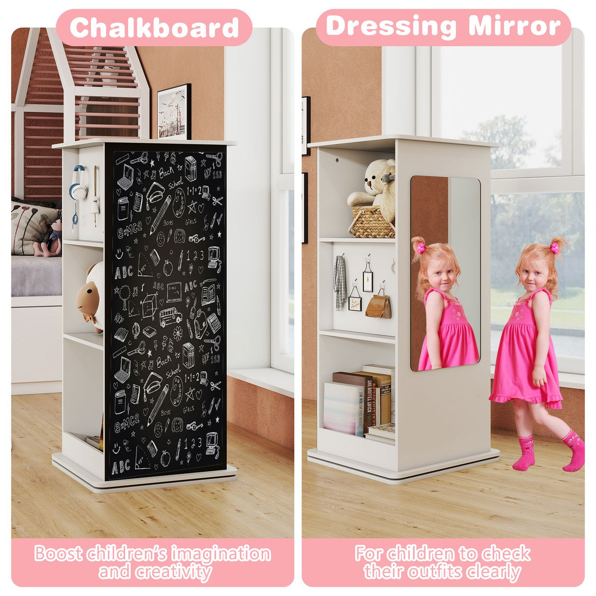 360° Spinning Corner Bookcase with Chalkboard and Mirror
