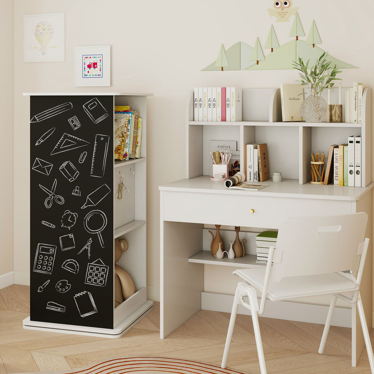 360° Spinning Corner Bookcase with Chalkboard and Mirror