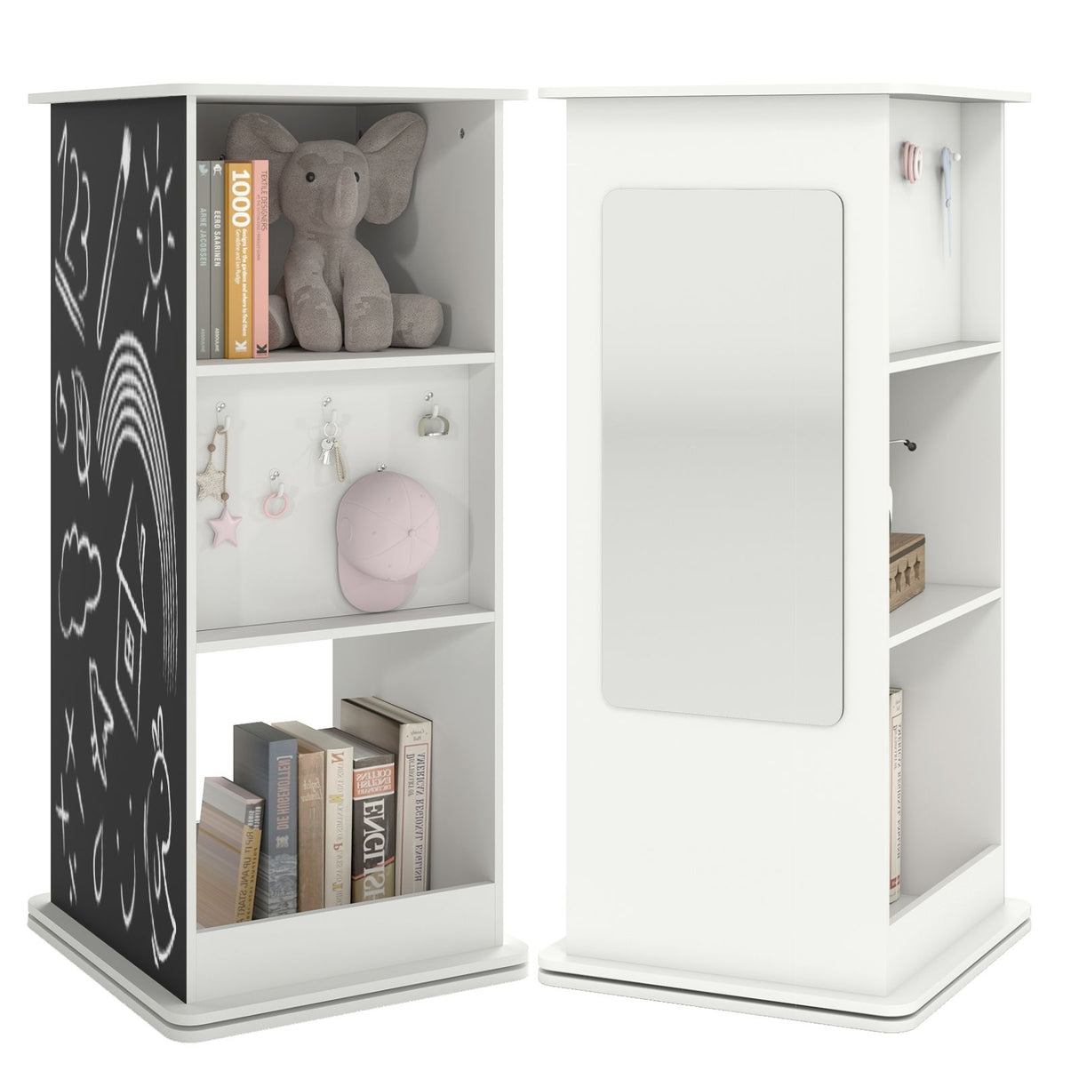 360° Spinning Corner Bookcase with Chalkboard and Mirror