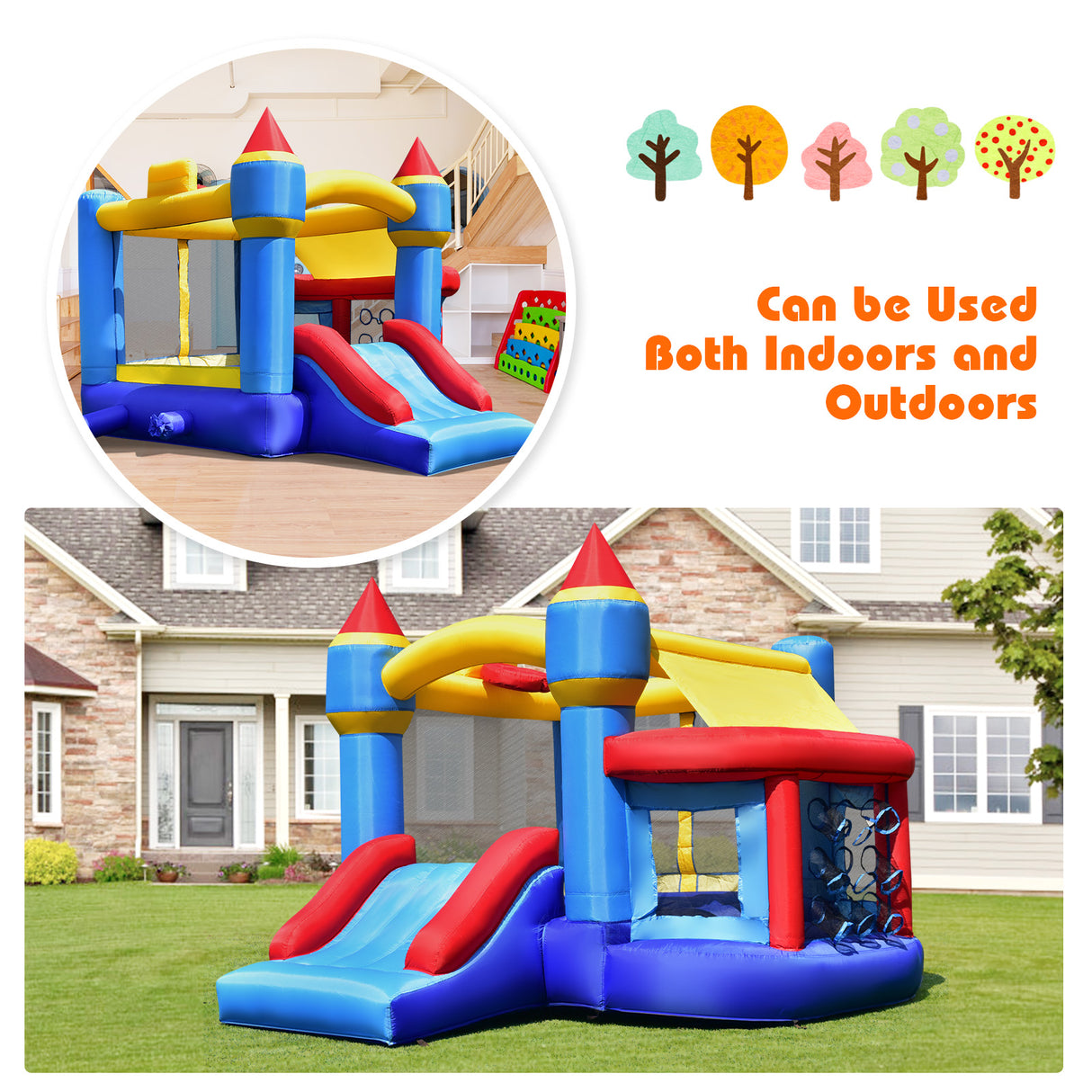 Colorful inflatable bounce house with slide in front of a house, with text indicating it can be used indoors and outdoors.
