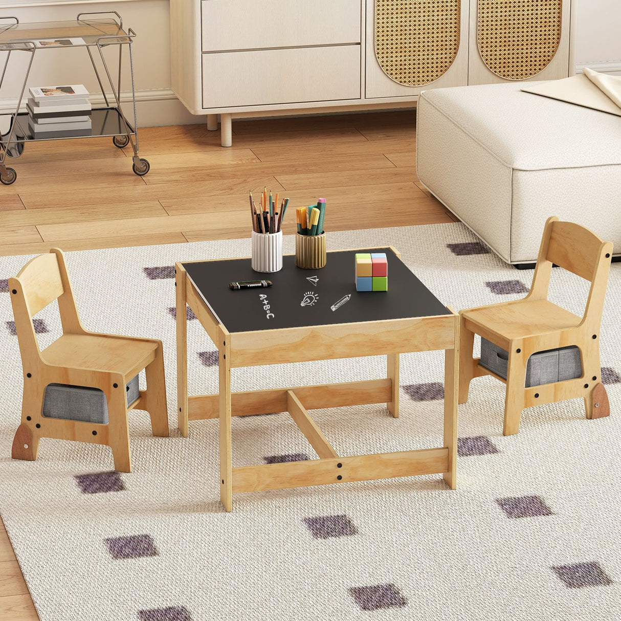 3 in 1 Thickened Wooden Kids Table and Chair Set with Removable Tabletop and 2 Storage Drawers