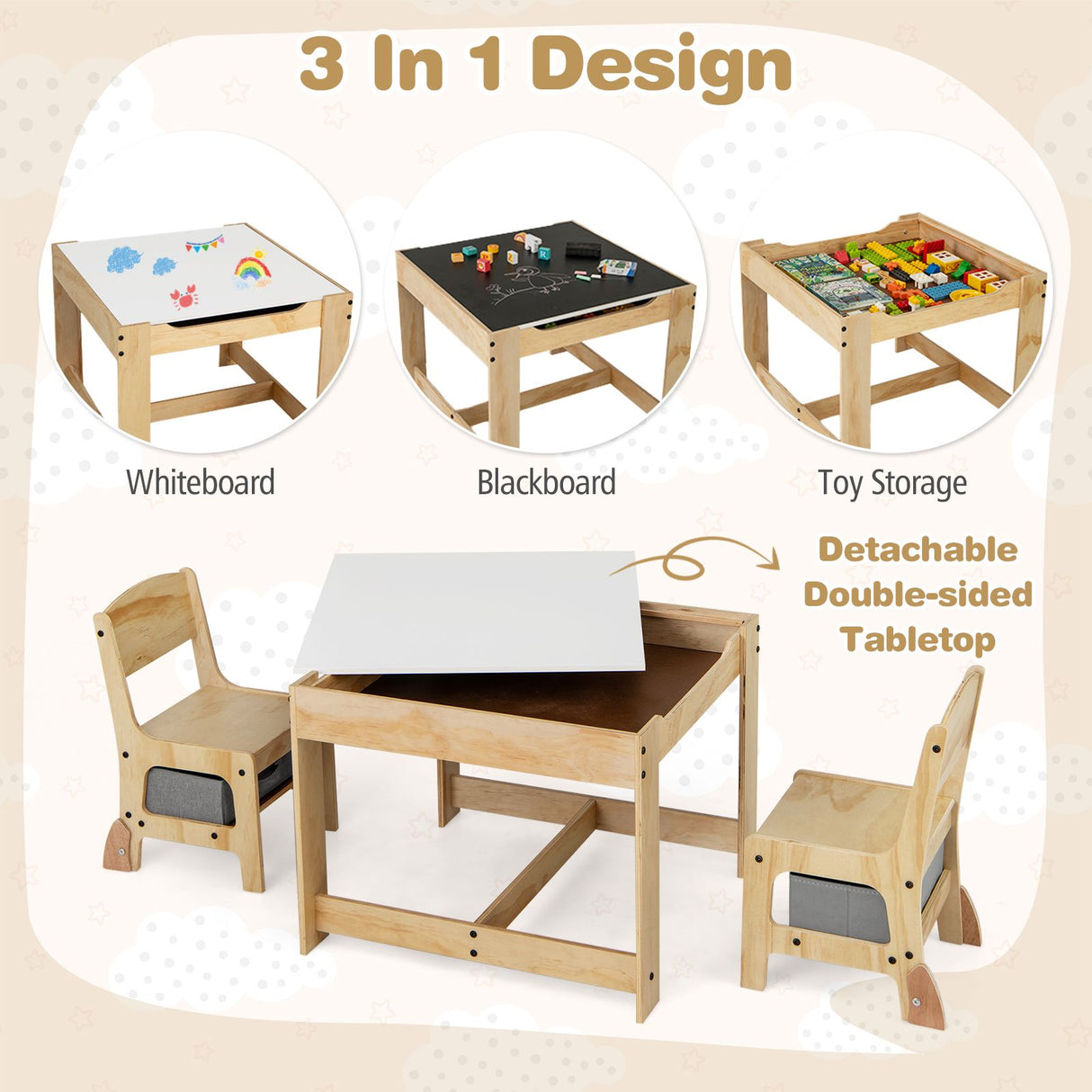 3 in 1 Thickened Wooden Kids Table and Chair Set with Removable Tabletop and 2 Storage Drawers