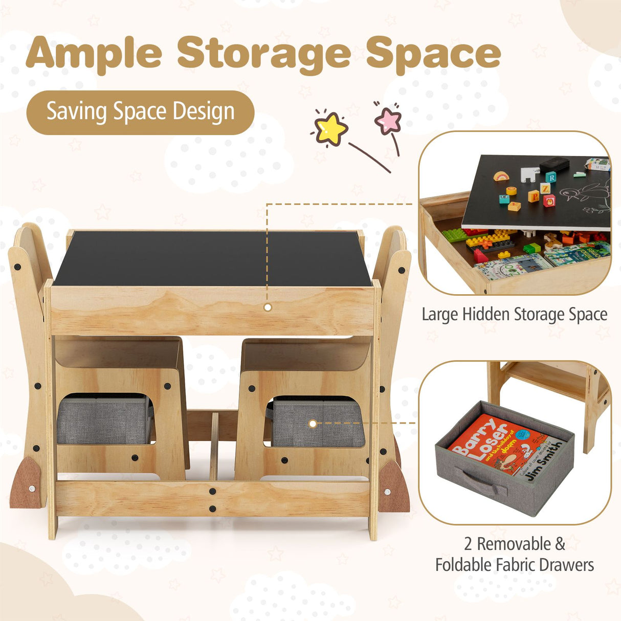 3 in 1 Thickened Wooden Kids Table and Chair Set with Removable Tabletop and 2 Storage Drawers