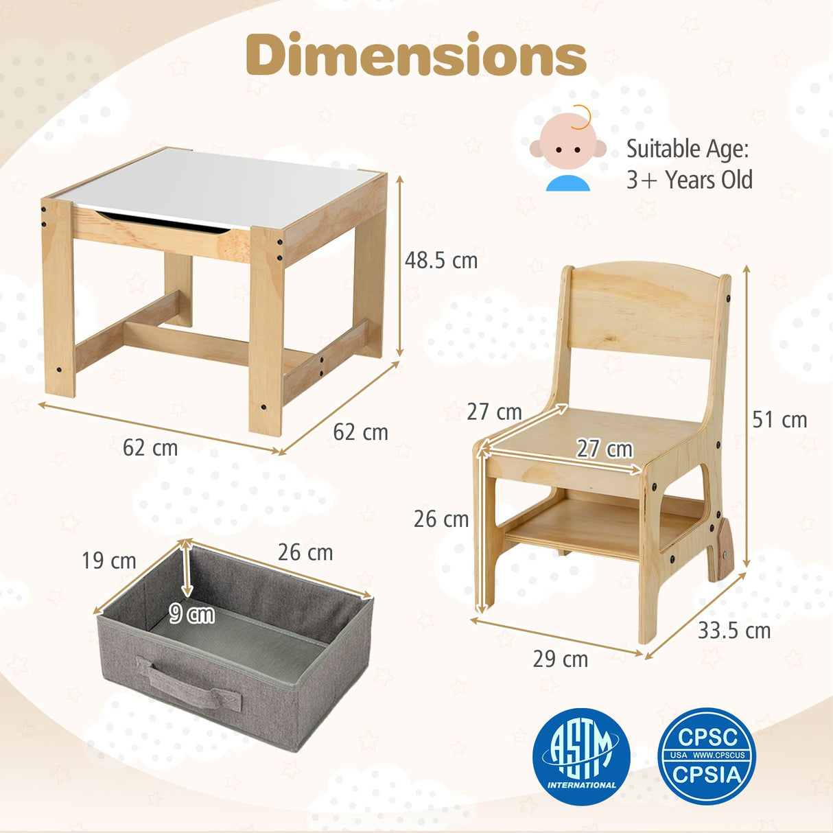 3 in 1 Thickened Wooden Kids Table and Chair Set with Removable Tabletop and 2 Storage Drawers