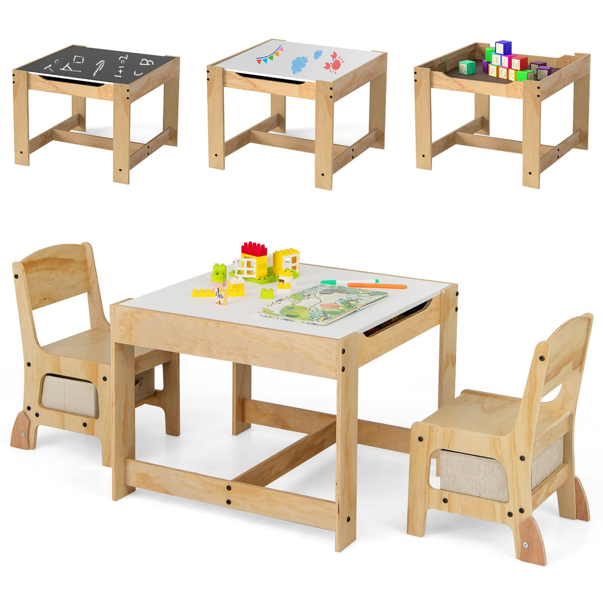 3 in 1 Thickened Wooden Kids Table and Chair Set with Removable Tabletop and 2 Storage Drawers