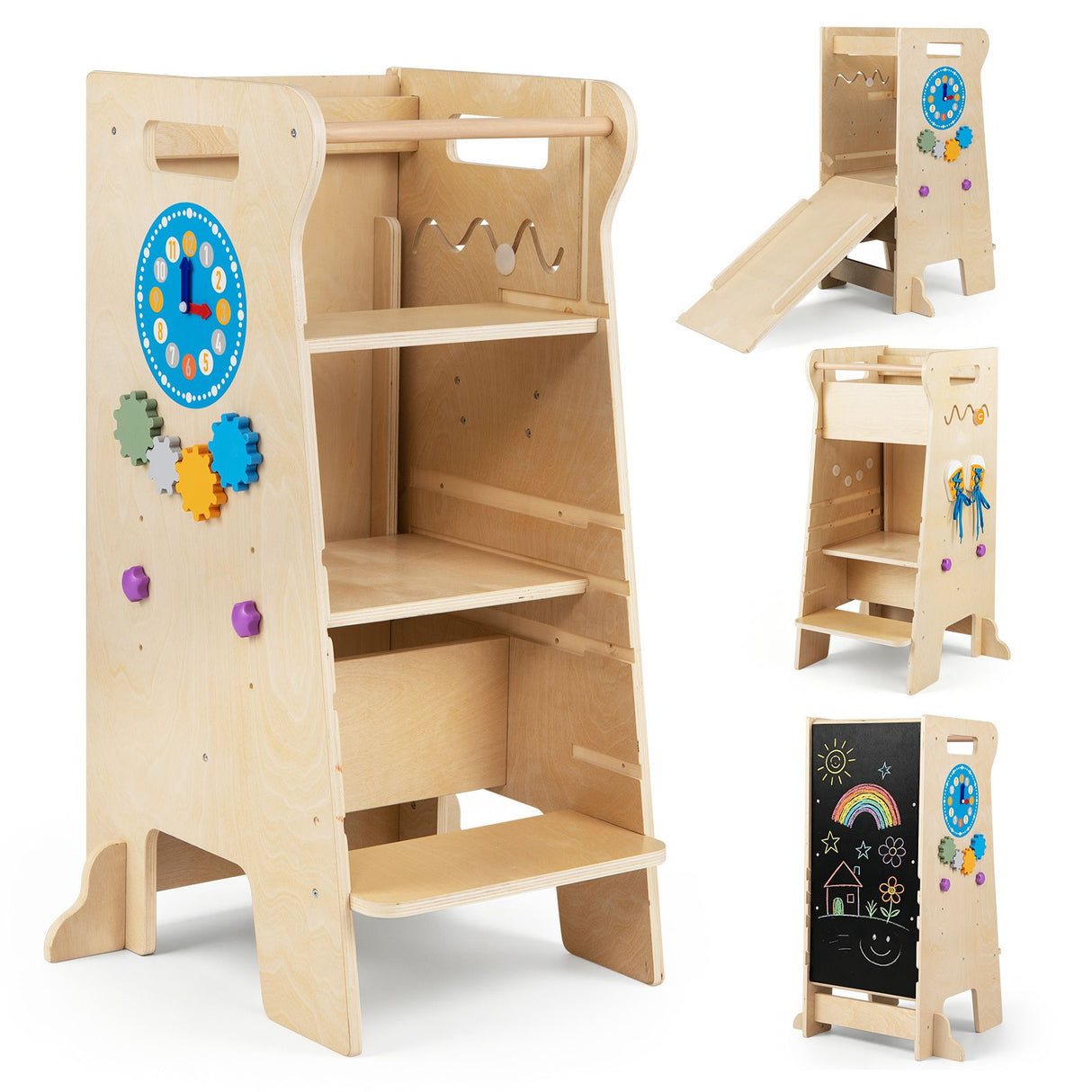 4-in-1 Toddler Tower with Chalkboard Slide Montessori Games