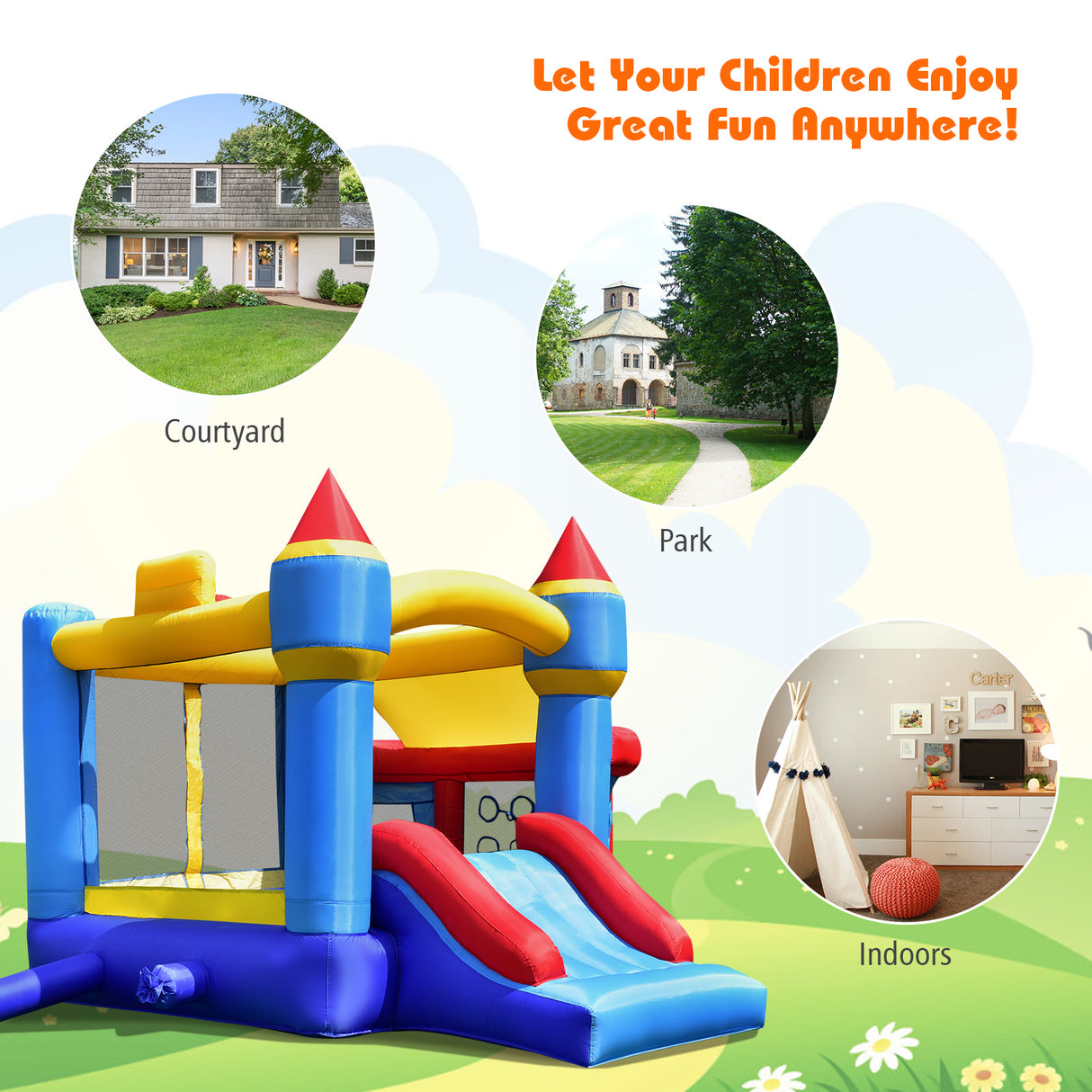 Inflatable castle with slide in various settings including a courtyard, park, and indoors.