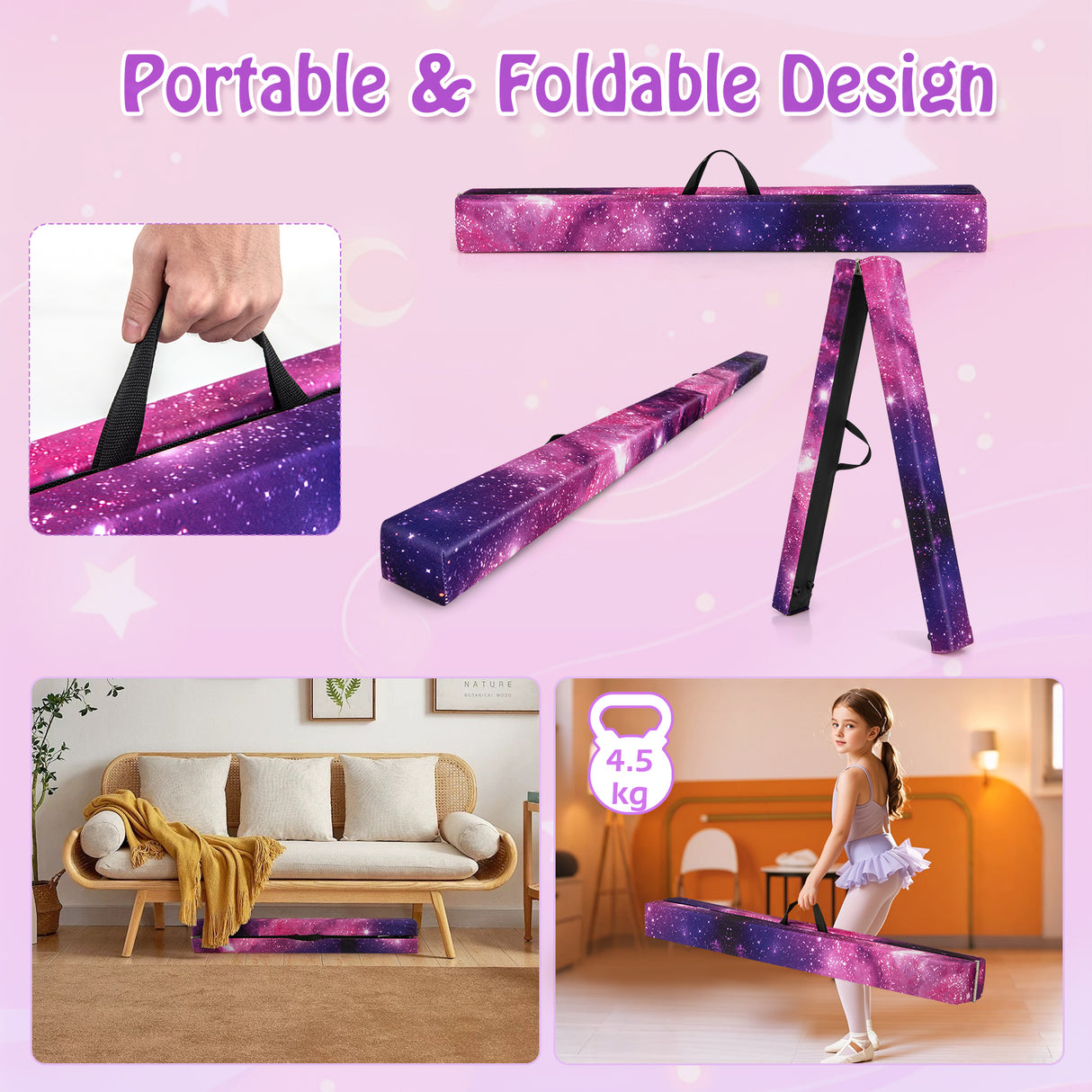 Portable and foldable gymnastics beam with purple and pink design, shown in various settings.
