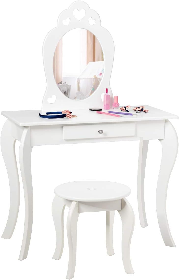 HONEY JOY Kids Vanity Set, Dressing Table for Children with Mirror and Stool, Princess Makeup Table