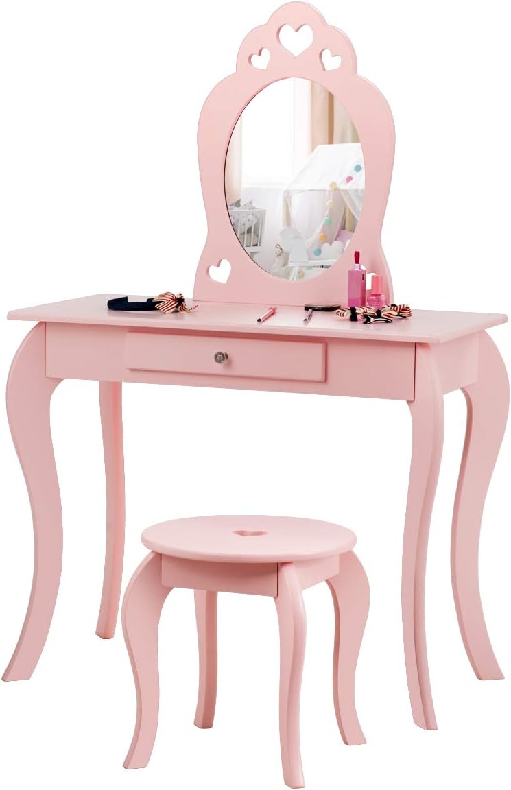 HONEY JOY Kids Vanity Set, Dressing Table for Children with Mirror and Stool, Princess Makeup Table