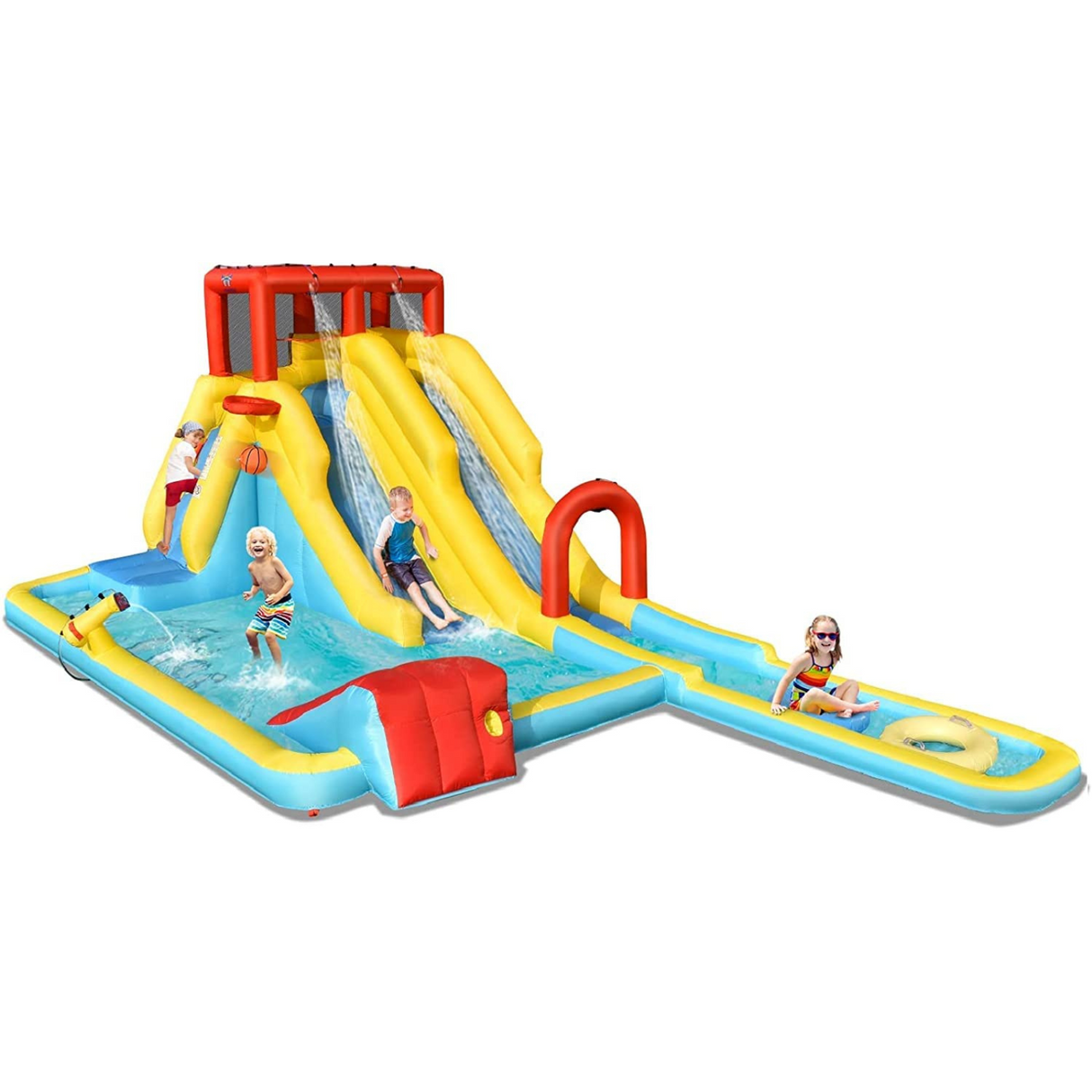 HONEY JOY Inflatable Water Slide, 7-in-1 Double Long Slide Inflatable Water Park w/Climbing Wall (Without Blower)
