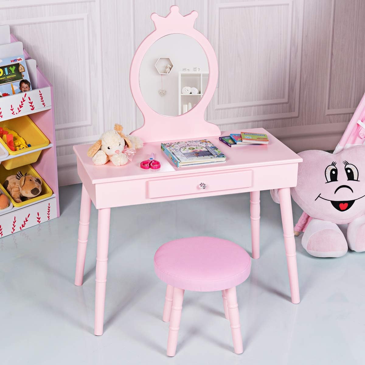 HONEY JOY Kids Vanity Set, Dressing Table for Children with Mirror and Stool, Princess Makeup Table