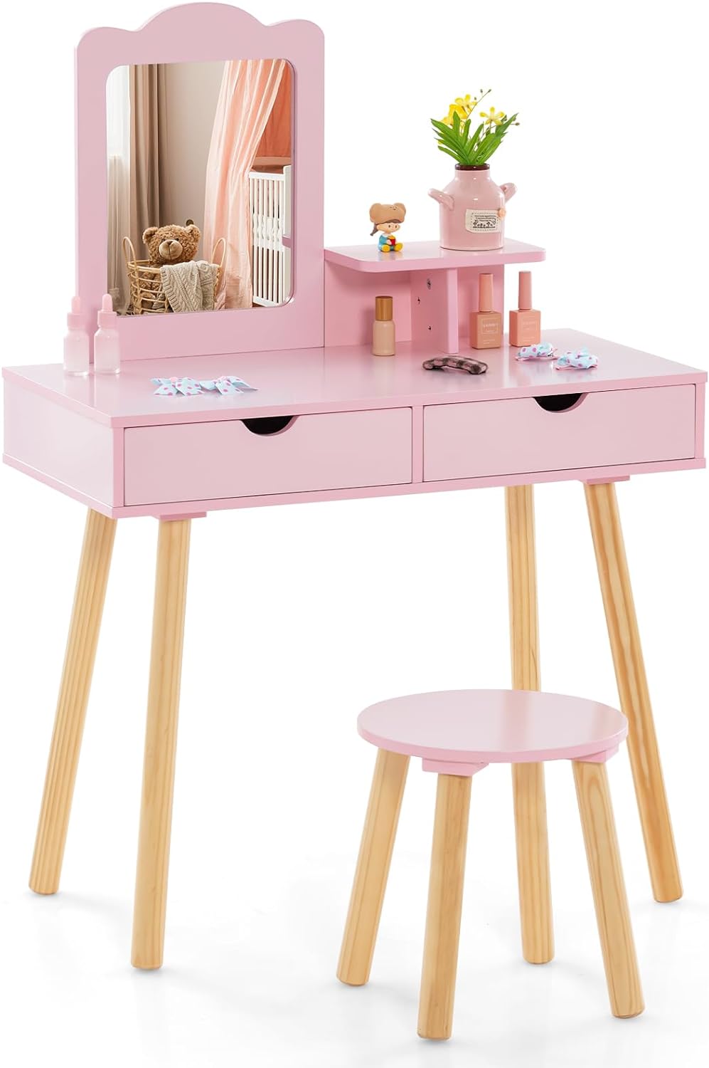 HONEY JOY Kids Vanity Set, Dressing Table for Children with Mirror and Stool, Princess Makeup Table