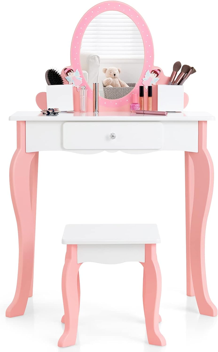 HONEY JOY Kids Vanity Set, Dressing Table for Children with Mirror and Stool, Princess Makeup Table