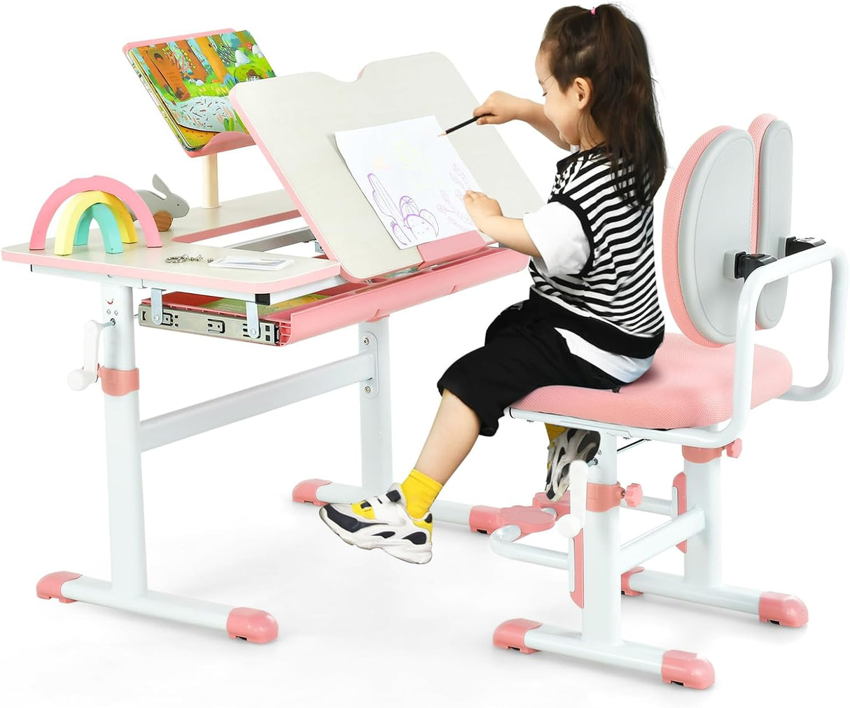 HONEY JOY Kids Desk and Chair Set, Student Study Desk w/Adjustable Height, Tiltable Desktop, Book Stand