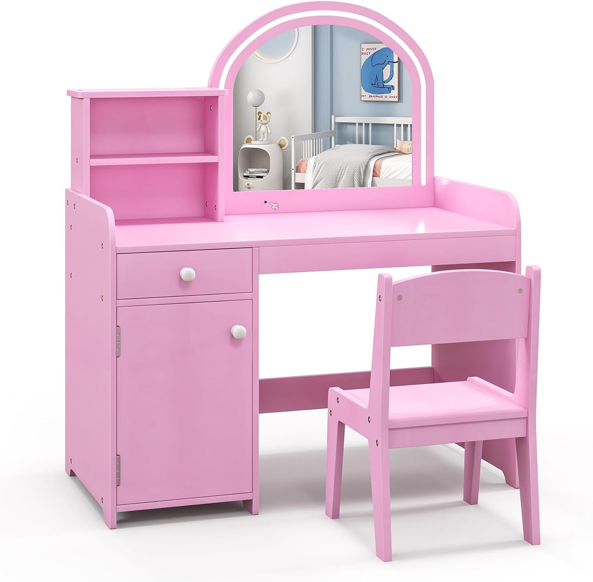 Makeup Table & Chair Set with Acrylic Mirror & 2-Colour LED Lights