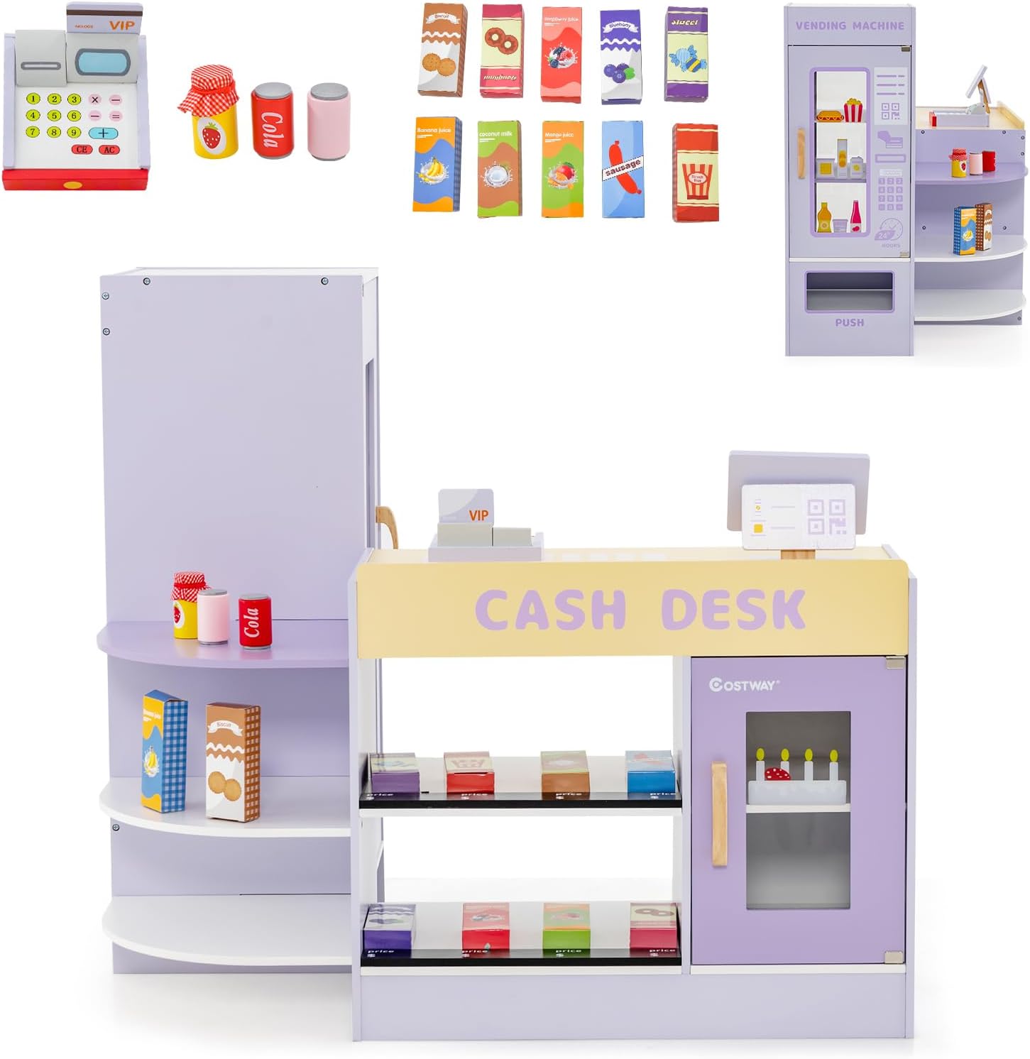HONEY JOY Wooden Supermarket Play Toy Set, Kids Grocery Store Playset with Checkout Counter