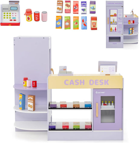 HONEY JOY Wooden Supermarket Play Toy Set, Kids Grocery Store Playset with Checkout Counter