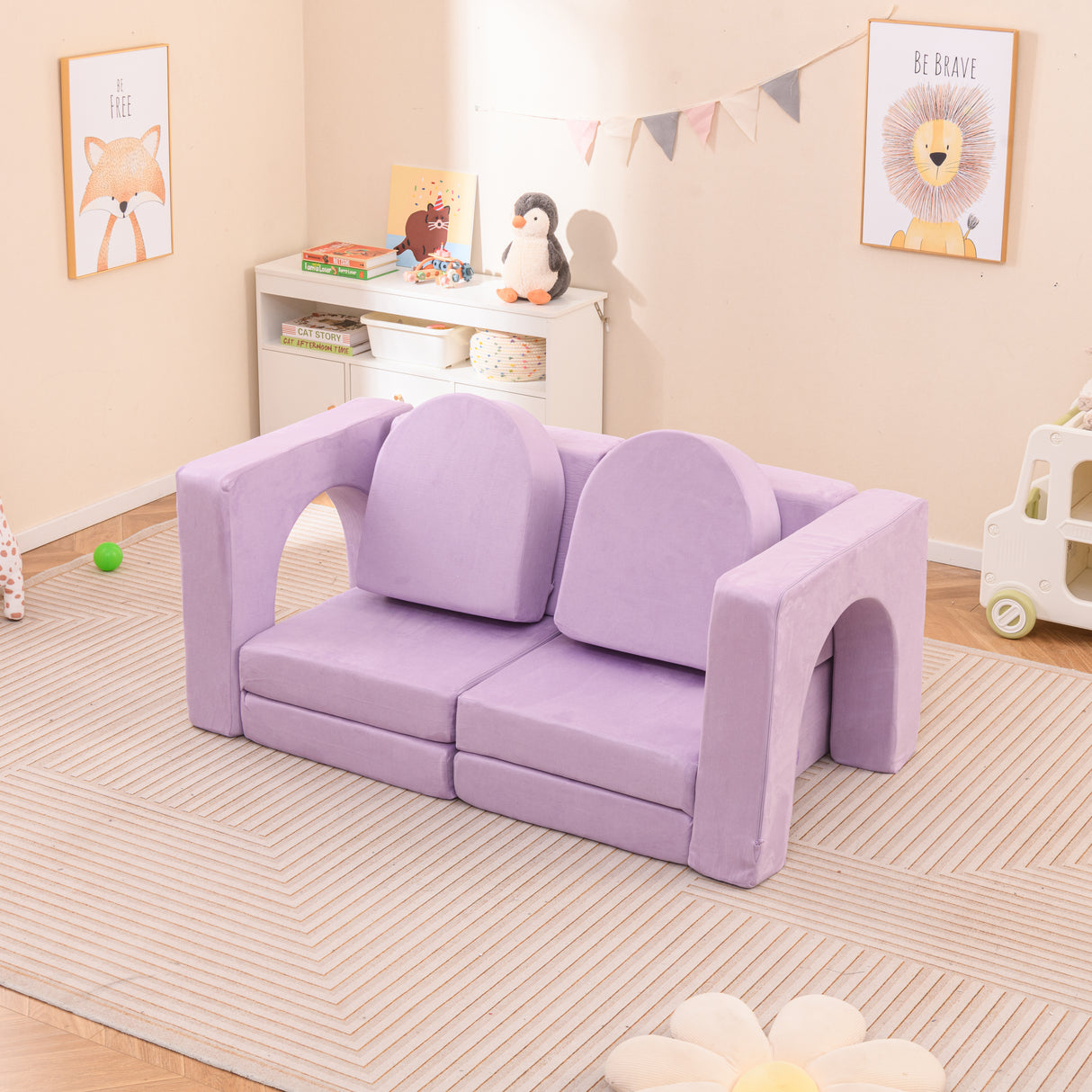 8-piece modular kids sofa play couch set in purple and gray colors, made of suede fabric, arranged in a playroom setting.