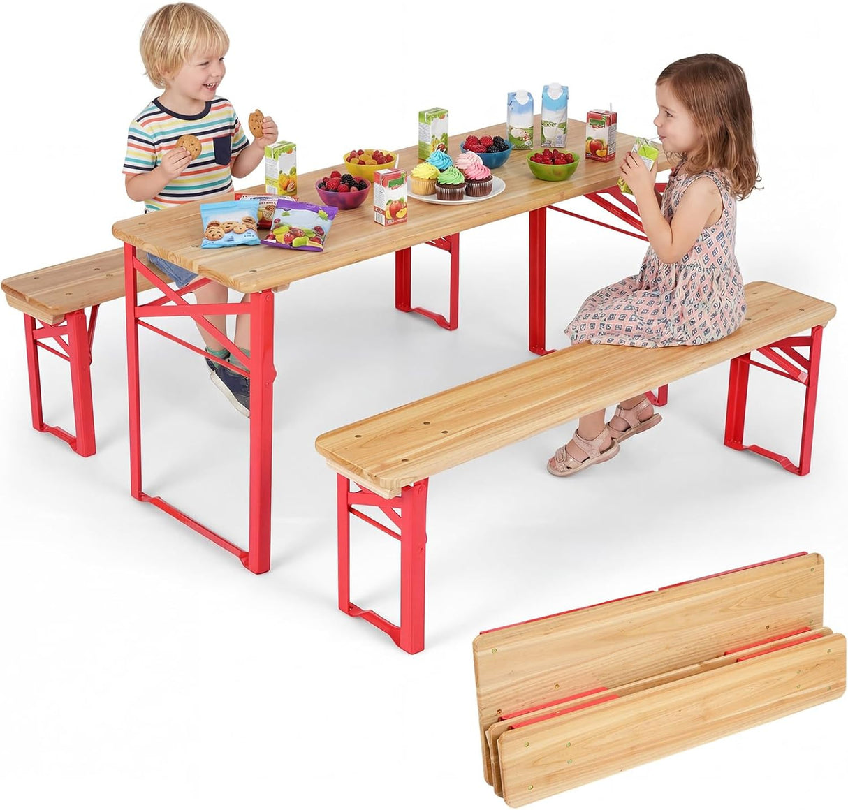 HONEY JOY 110 CM Folding Kids Picnic Table & Bench Set, No Assembly Wooden Toddler Table