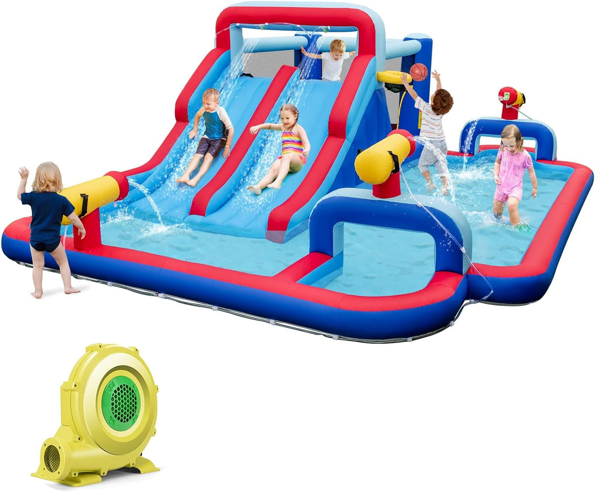 HONEY JOY Water Slide Park, 5-in-1 Inflatable Jumping House w/Dual Slides, Climbing Wall, Splash Pool, Basketball Rim, Water Cannons