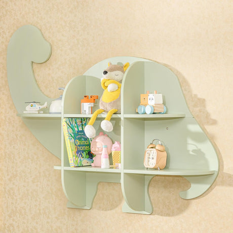 HONEY JOY Floating Dinosaur Kids Bookshelf, 2-Tier Wooden Hanging Bookcase for Children