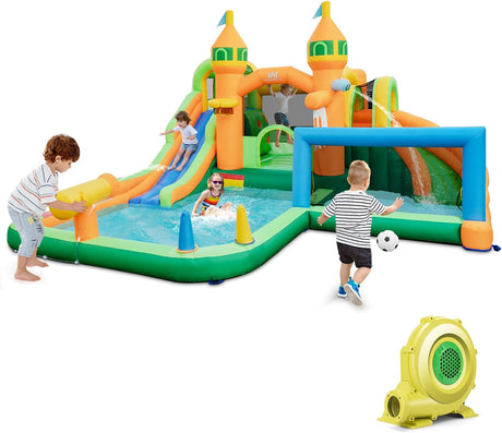 HONEY JOY Inflatable Water Slide, Kids Water Park w/Long Slides, Splash Pools, Climbing Wall, Water Gun