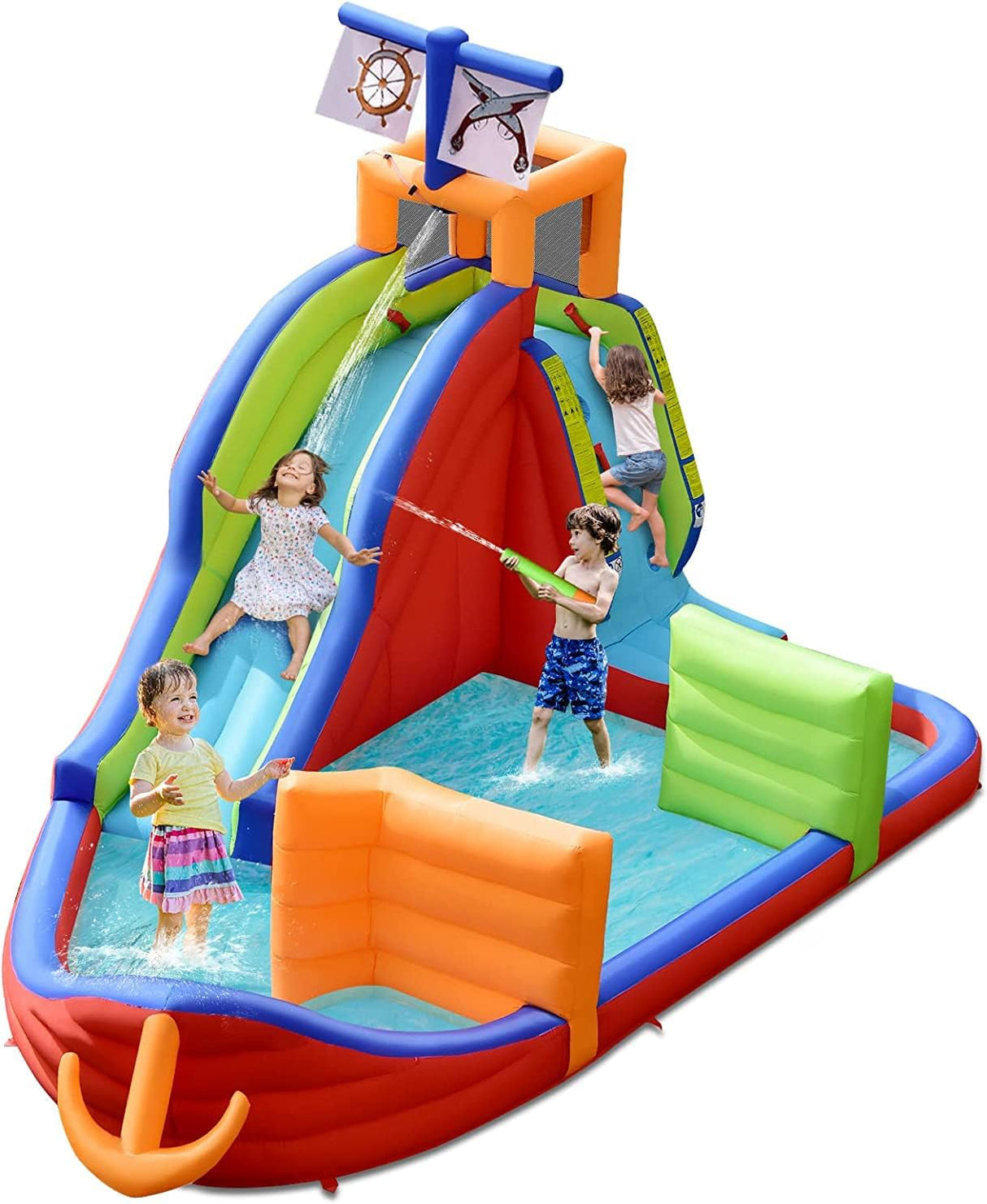 HONEY JOY Inflatable Waterslide, 6-in-1 Pirate Ship Bounce House
