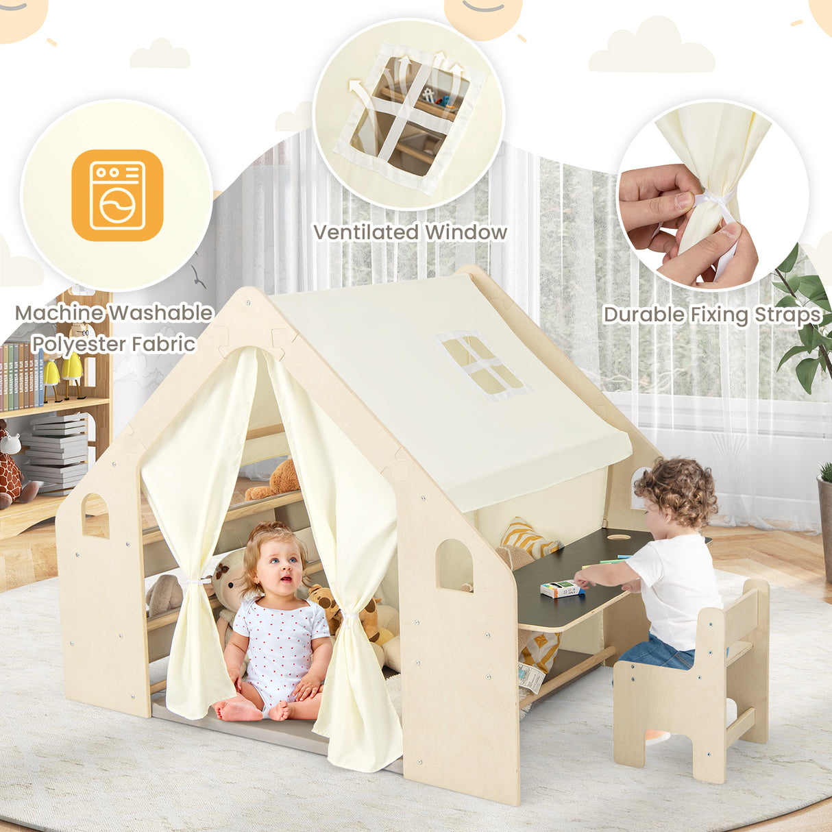 6-in-1 Kids Playhouse Wooden Indoor Play Tent, Large Play Tent Storage Rack with Wooden Frame & Curtains