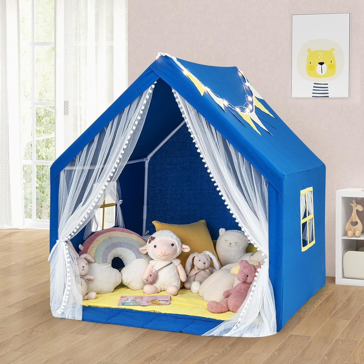 HONEY JOY Large Play Tent, Kids & Toddlers Playhouse with Washable Cotton Mat, Star Lights, Windows