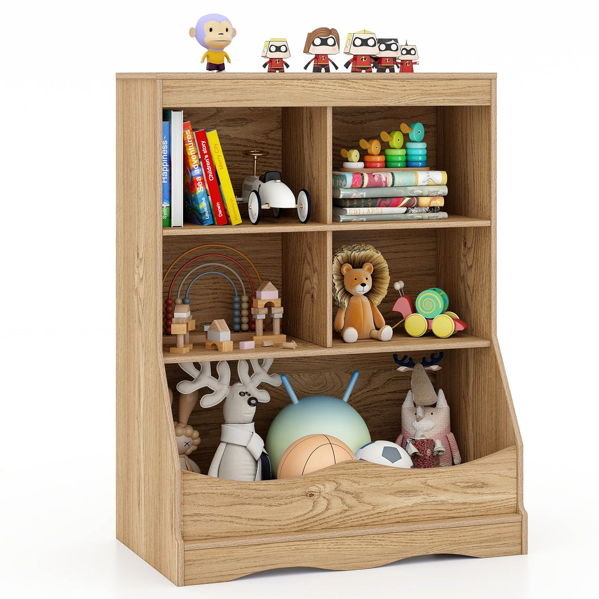 HONEY JOY Kids Bookshelf, 3-Tier Toy Storage Organiser for Children w/4 Open Compartments and 1 Box