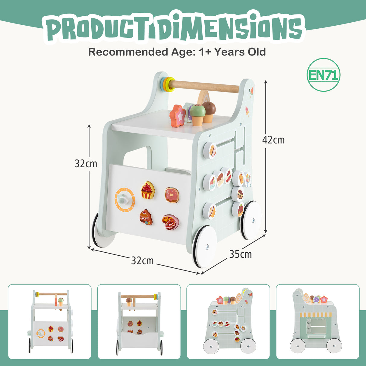 Measurement chart of a children's toy walker with dimensions and EN71 safety certification logo.